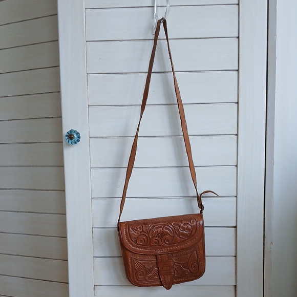 Unbranded Handbags - Vintage Tooled Brown Leather Crossbody Shoulder Bag Western Boho